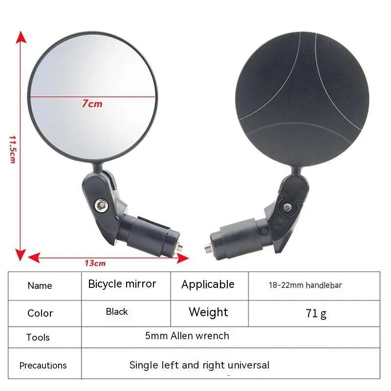 Black foldable convex rearview mirror showing 7cm diameter and 14cm length