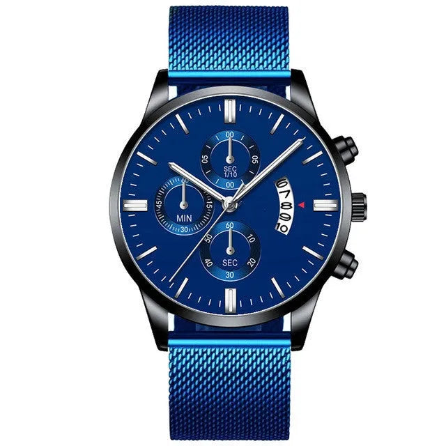 Men's stainless steel mesh band quartz watch with analog display in a selected colour combination.