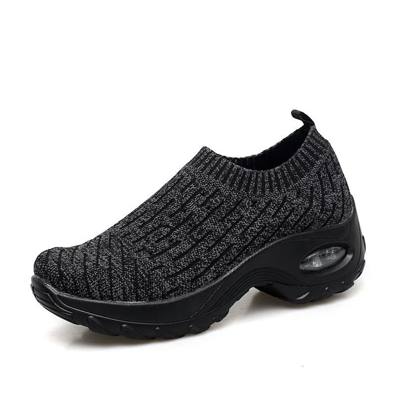 Air cushion slip-on trainers for women, mesh upper, honeycomb insole, non-slip PU sole, black purple grey navy, sizes 35-42