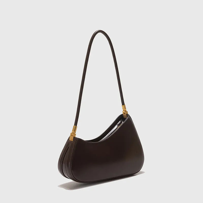 Brown PU leather oval underarm bag with single shoulder strap and sandwich pocket design