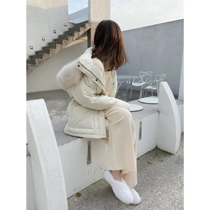 Women's high-waisted thick knitted wide-leg trousers in cream white for autumn winter wear
