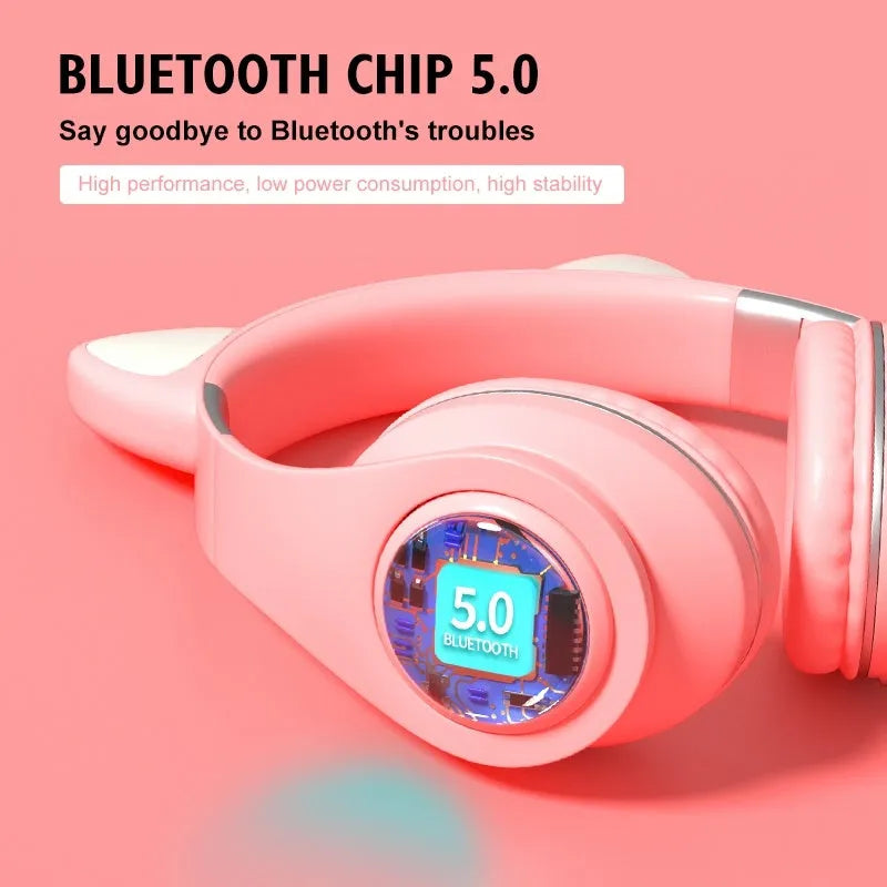 Wireless cat ear Bluetooth headset in multiple colours, showing head-mounted design for sports and music.