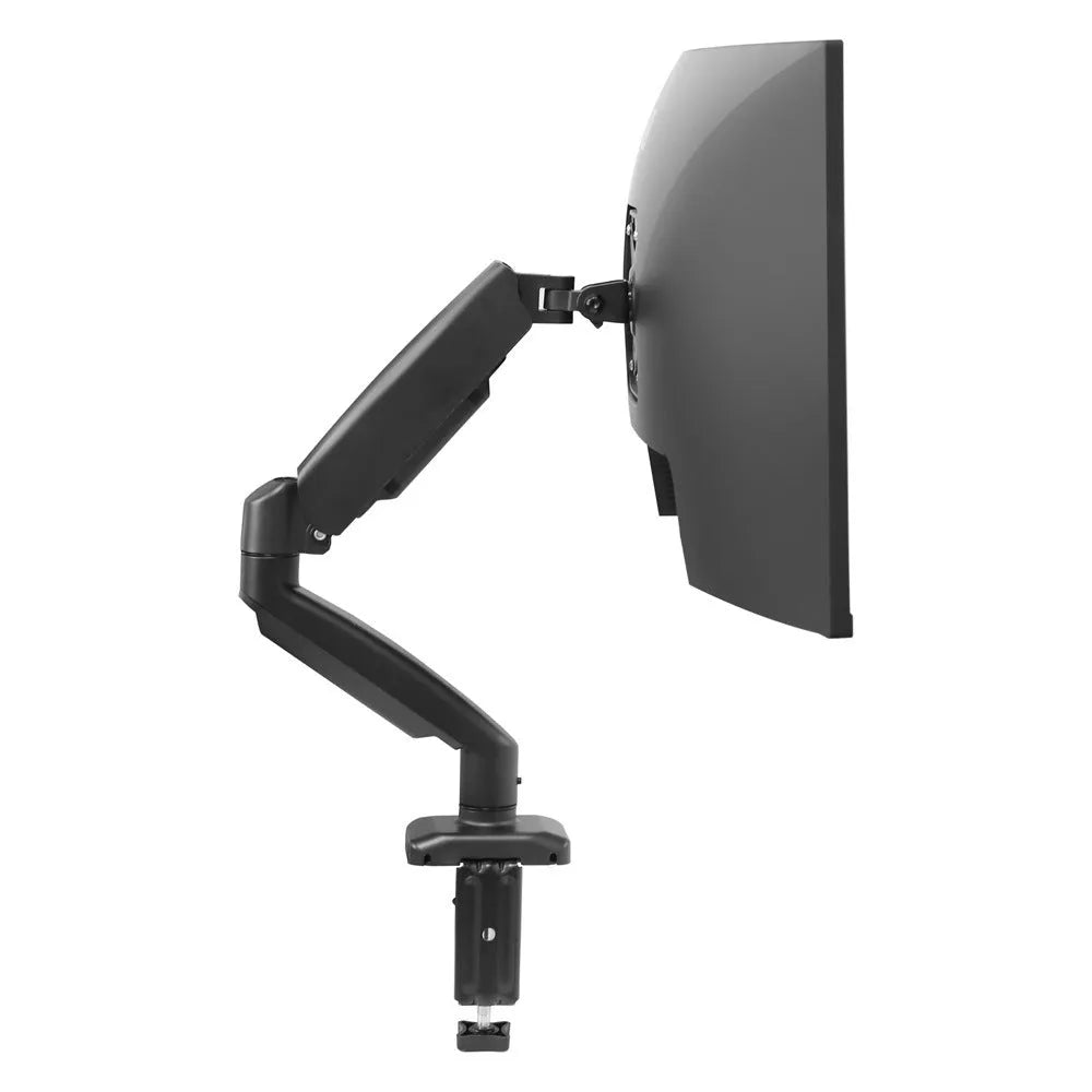 Black rotating telescopic LCD screen bracket on a desk, showing height adjustment and swivel function.