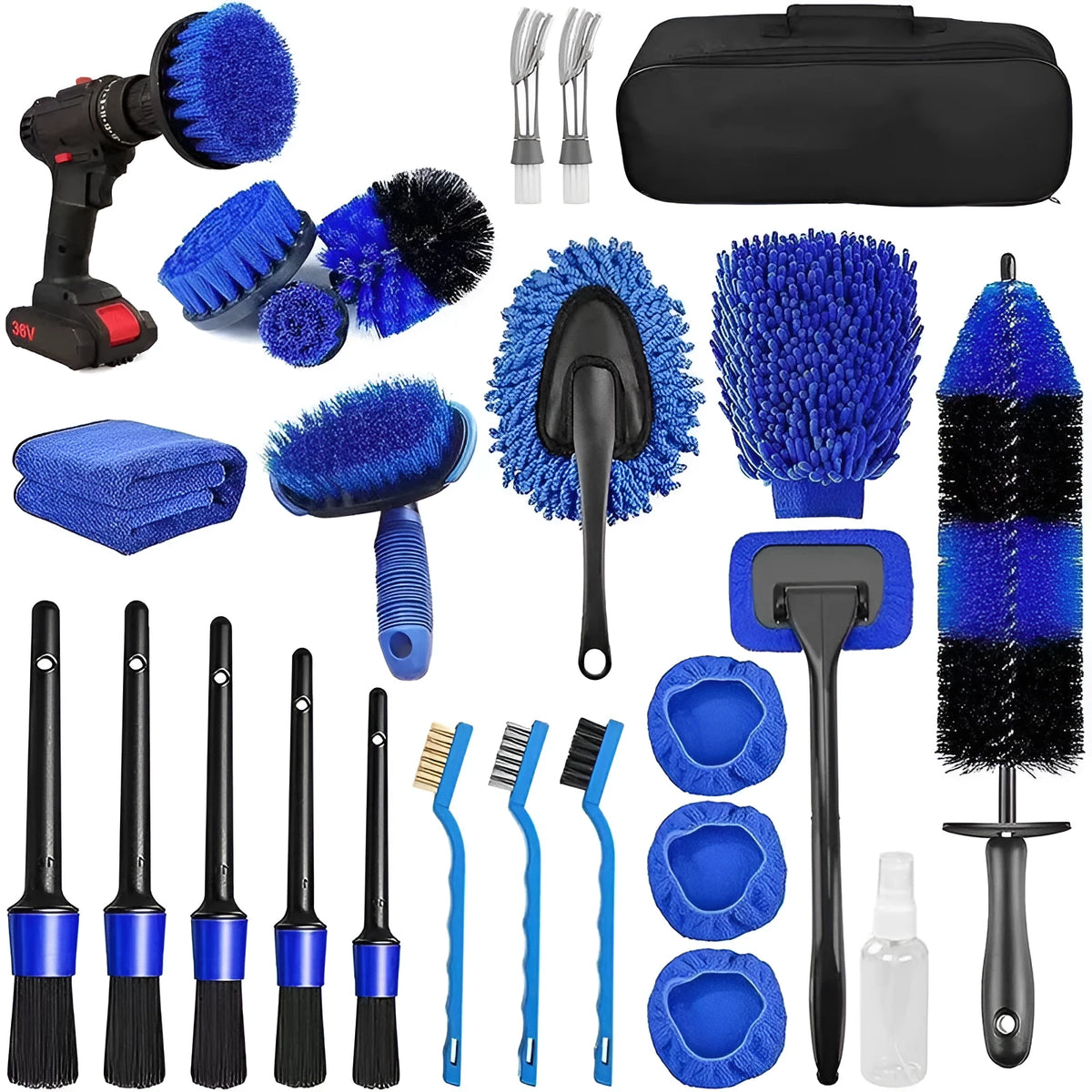 26-piece car wash brush set with PP bristles and multiple brush head designs for automotive cleaning