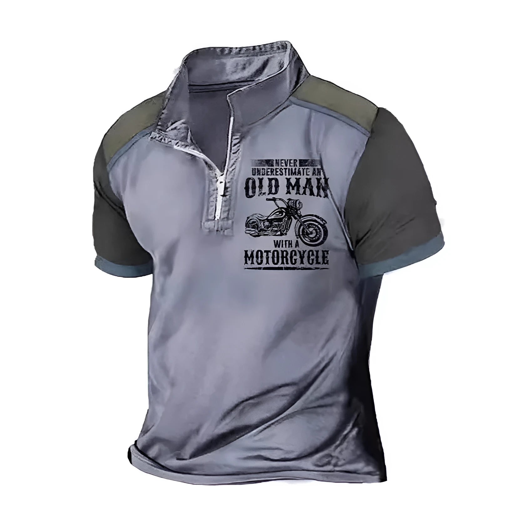 Men's casual short-sleeve polo shirt with digital printing on the lapel and zipper decorative details.