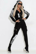 Black women's casual street suit with wings printing pattern, hooded jacket and trousers set