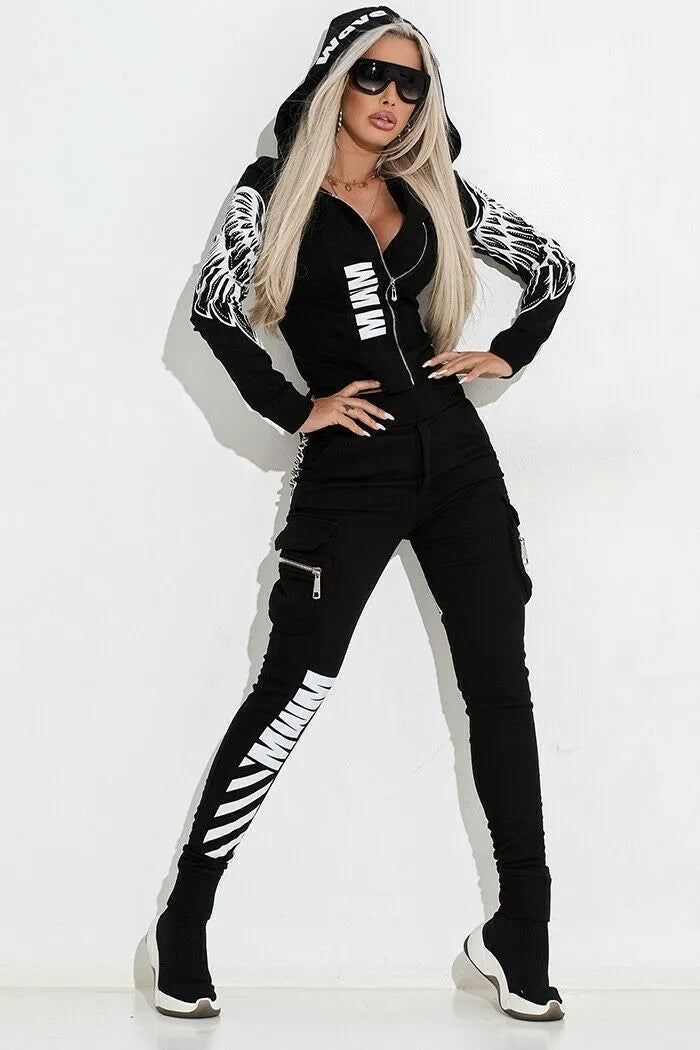 Black women's casual street suit with wings printing pattern, hooded jacket and trousers set