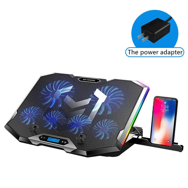 Blue notebook computer fan radiator cooling pad with dual fans on a wooden desk