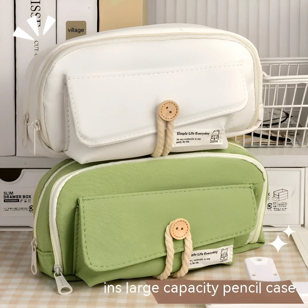 Korean-style canvas pencil case in green with capacity for approximately 80 pens