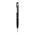 Black pen-shaped digital voice recorder with zinc alloy casing on a white background.