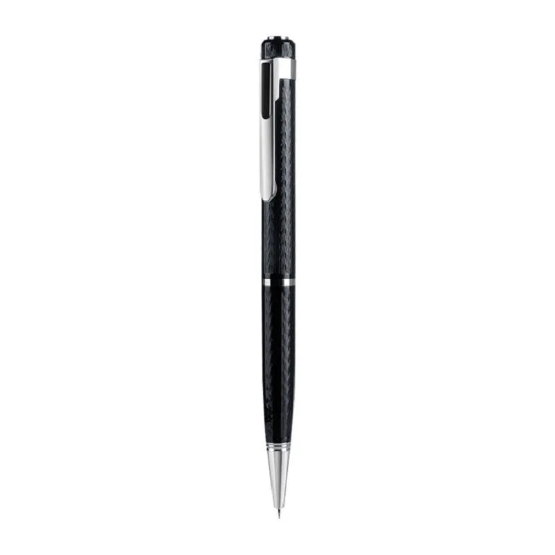 Black pen-shaped digital voice recorder with zinc alloy casing on a white background.