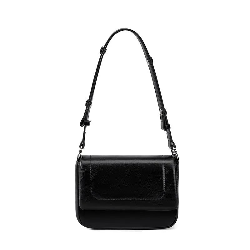 Genuine leather flap shoulder bag with soft two-layer cowhide in black, greyish white, or apricot.