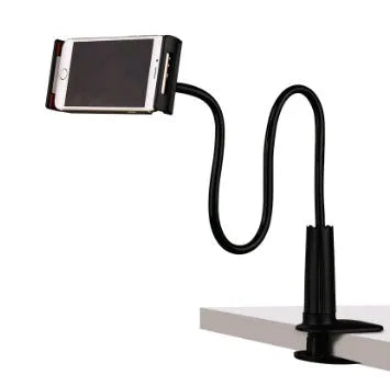 Black bedside oversize flat panel handset phone holder with long adjustable arm mounted on a table