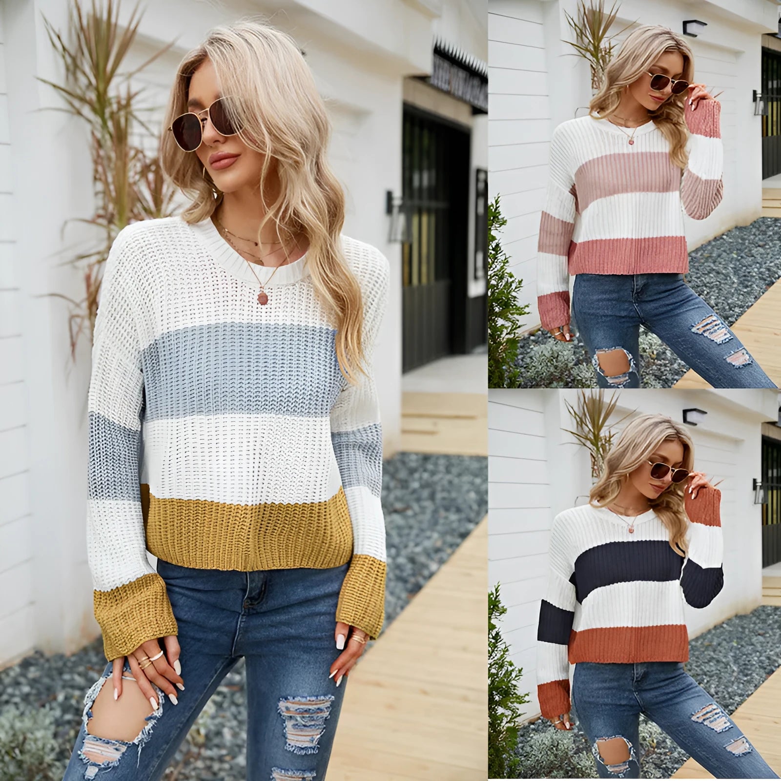 Women's short loose striped pullover sweater in acrylic fabric on a hanger