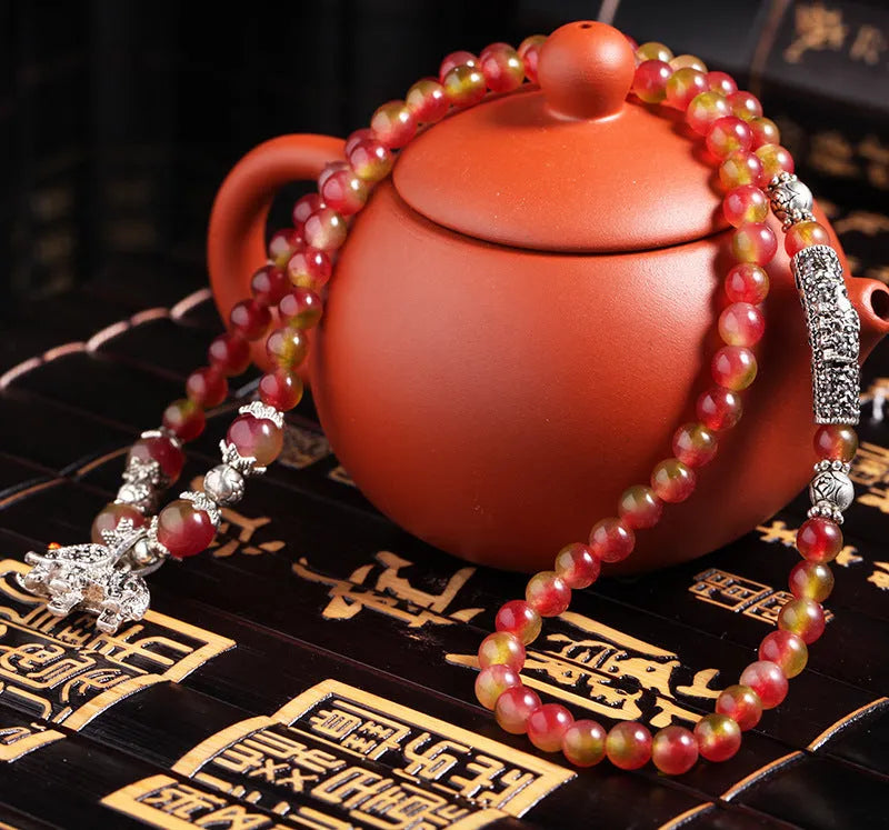 Watermelon crystal bracelet with Chinese knot closure in national style geometry shape