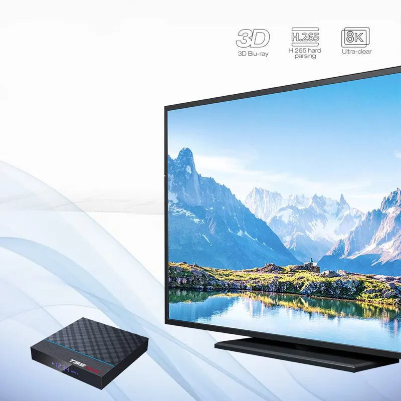 Black T95 Max Plus Android TV box unit with remote control, showing EU, UK, and US power plug options