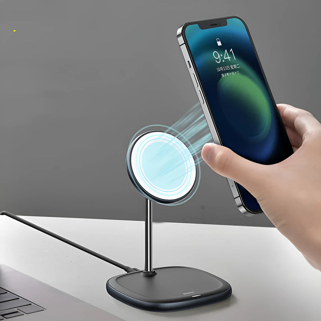 Swan magnetic desktop stand wireless charger in black colour charging an iPhone