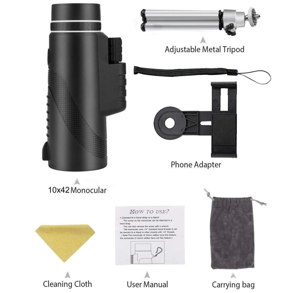 Black HD 40x60 monocular telescope for mobile phone attachment with 40x magnification