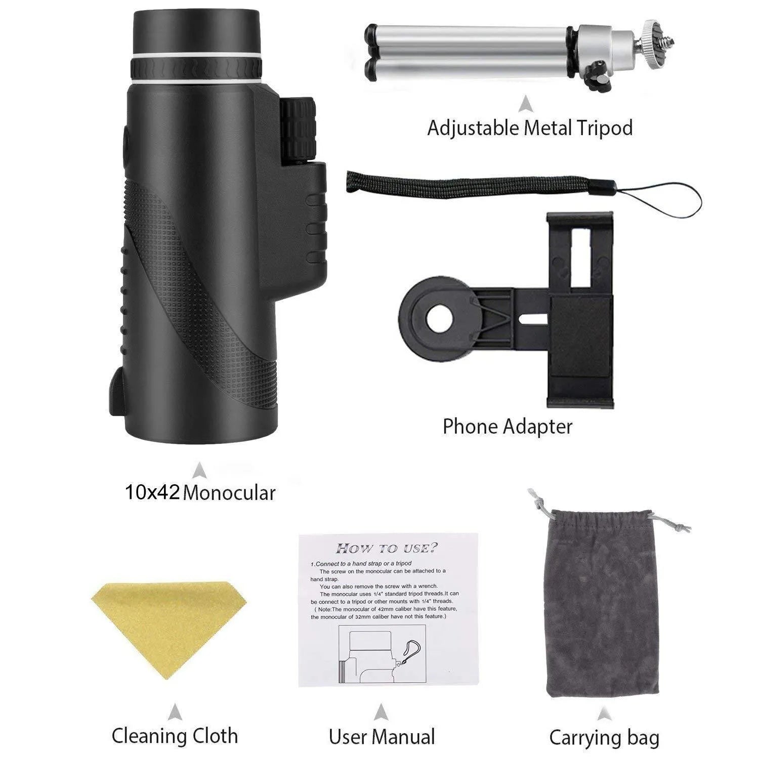 Black HD 40x60 monocular telescope for mobile phone attachment with 40x magnification