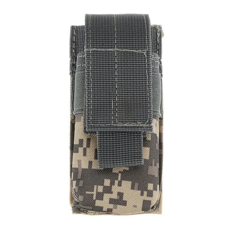 Tactical MOLLE pouch in army green with elastic cord closure, shown attached to webbing.