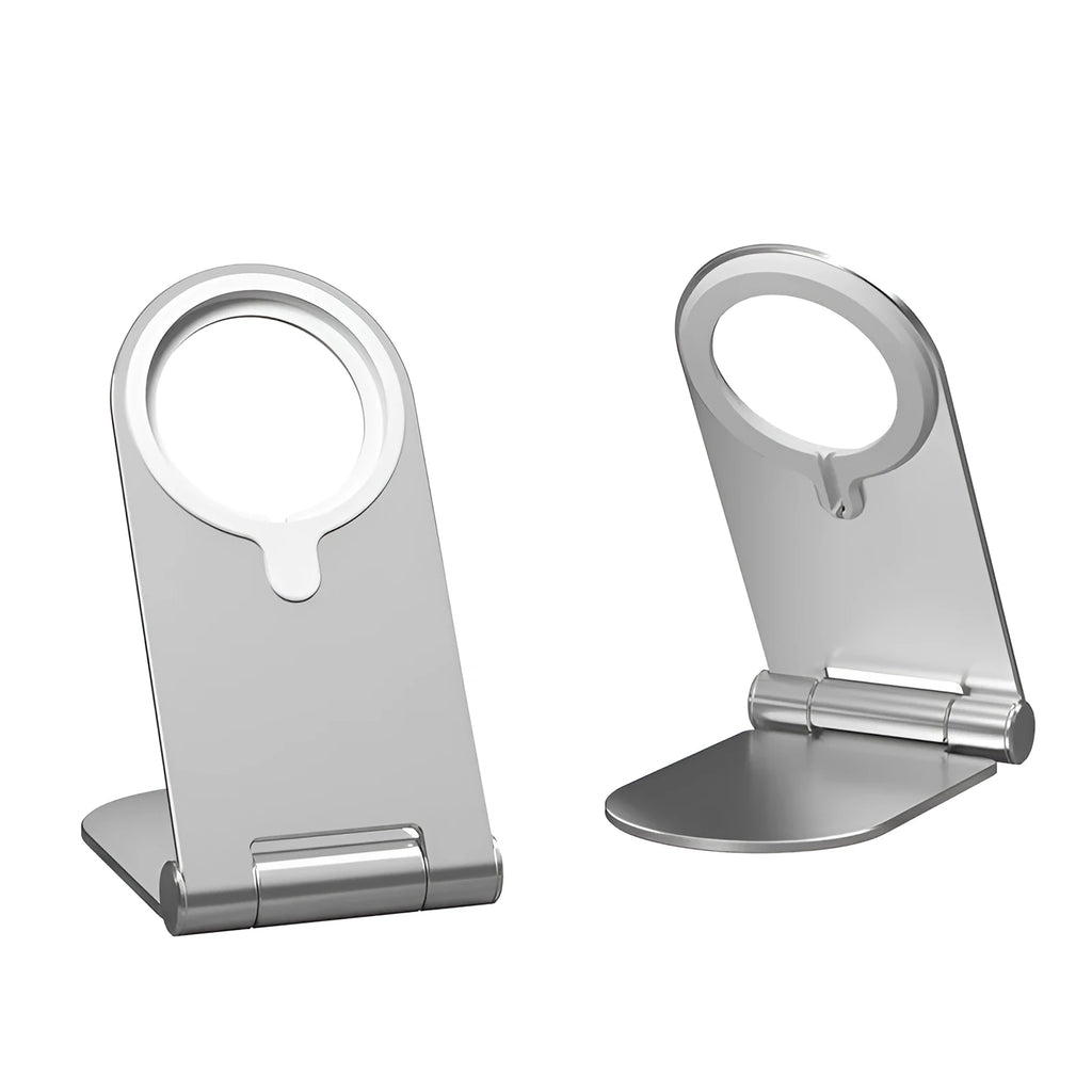 Silver vertical adjustable magnetic phone bracket for iPhone 12 on a desktop