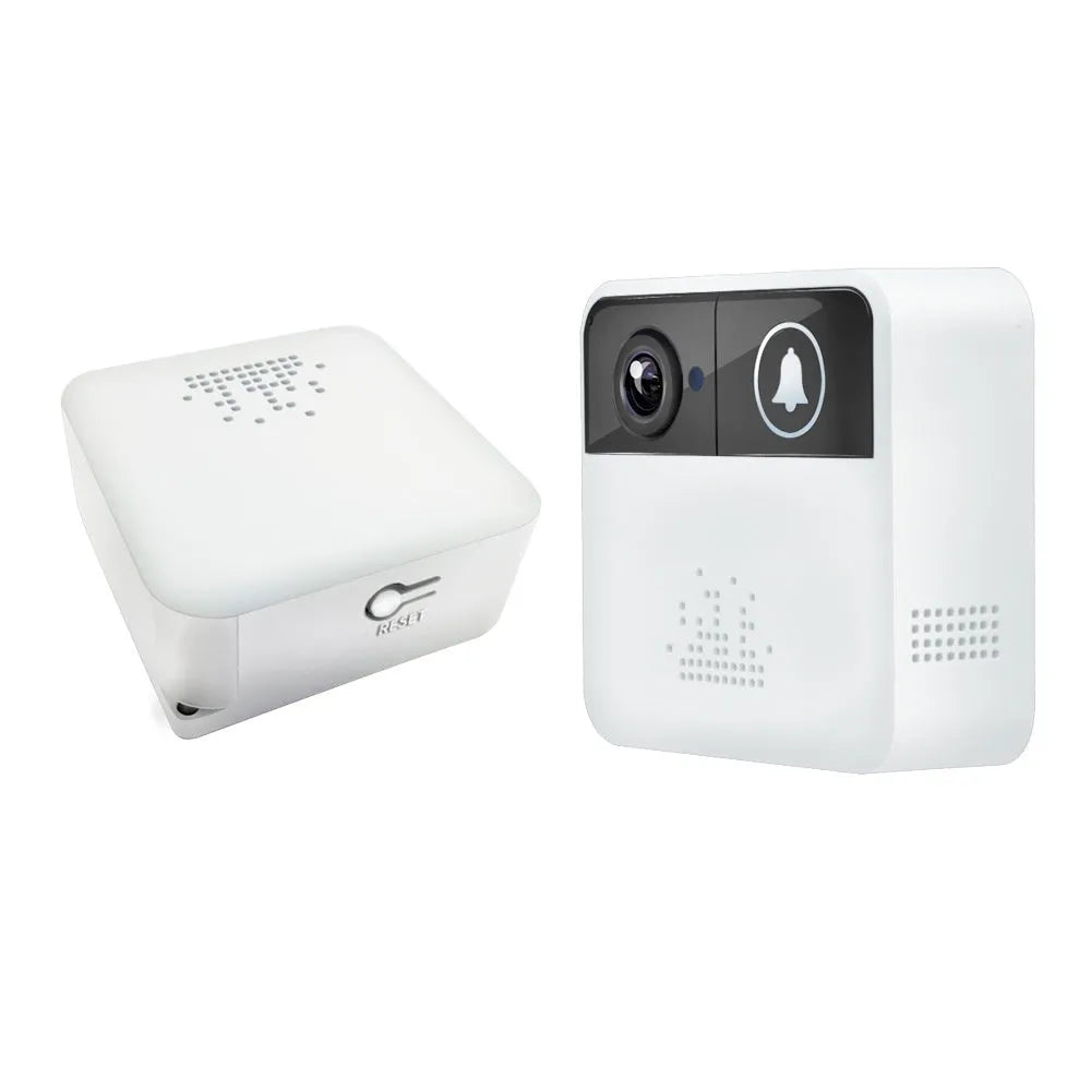 White plastic smart camera doorbell, 12x12x4cm, 150g, with mobile phone remote access for home entrance