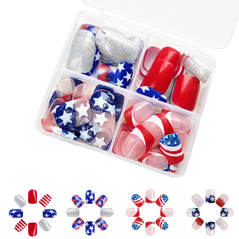 Independence Day false nails set with American star design in European square shape