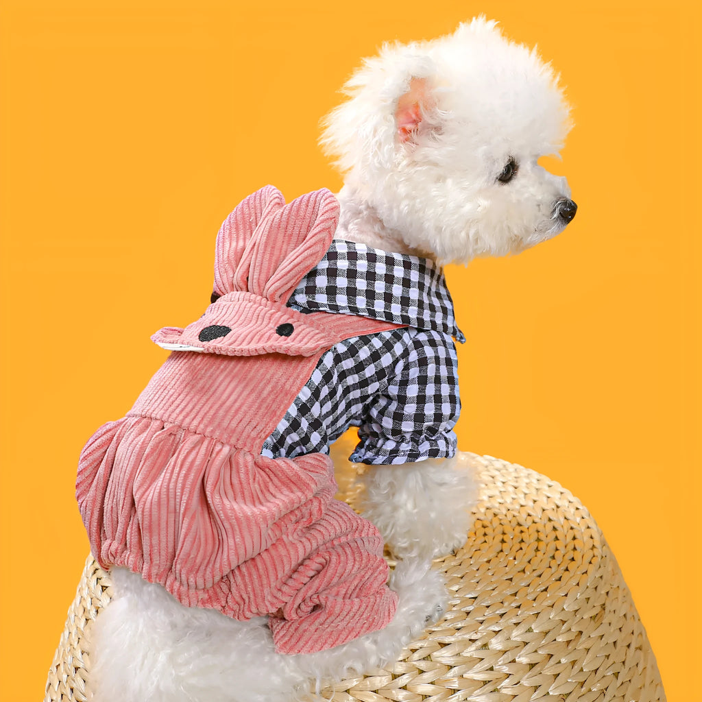 Four-legged plaid dog overalls in polyester, black grid or vermicelli top, sizes XS to XL