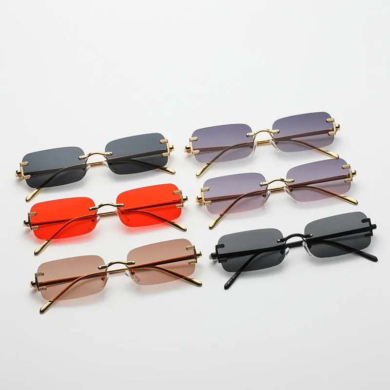 Retro square frameless sunglasses with metal frame and AC lenses, shown in gold or black frame colour options