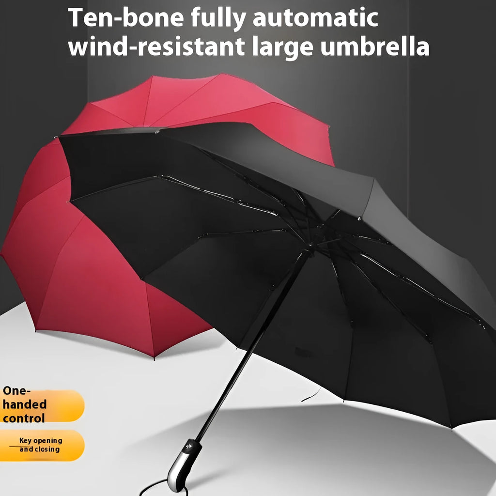 Closed and open views of triple folding business umbrella with 10 steel ribs and vinyl fabric in black navy and wine red