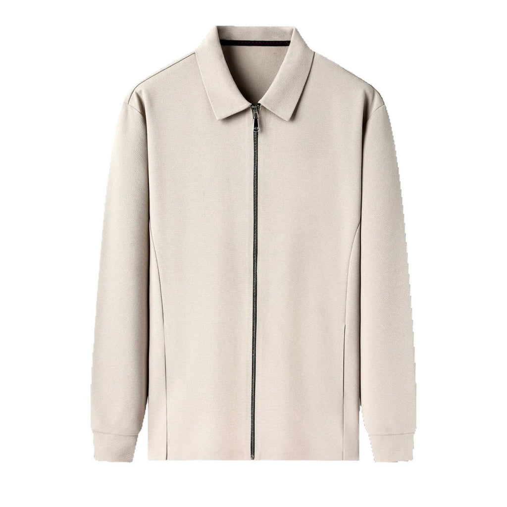 Men's polyester business casual jacket in black, dark grey or apricot with long sleeves and straight hem.