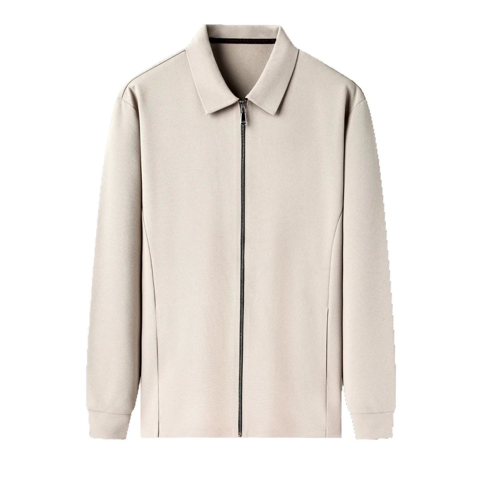 Men's polyester business casual jacket in black, dark grey or apricot with long sleeves and straight hem.
