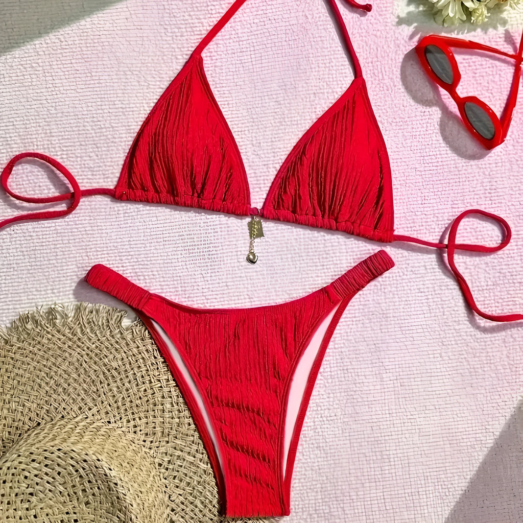 Red high waisted bikini set with tied split front and pleated detail, polyester nylon, sizes S to XL