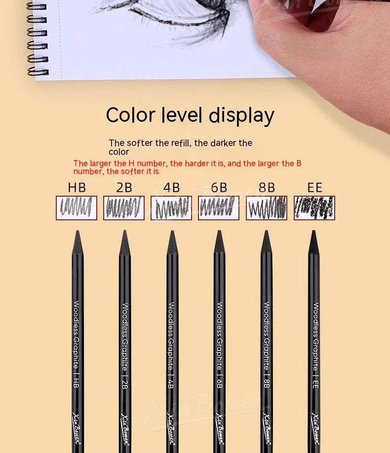 Set of six wood-free graphite sketching pencils with grades HB 2B 4B 6B 8B EE for art drawing