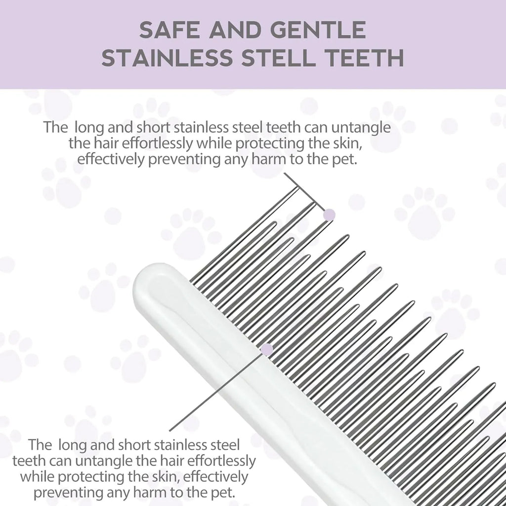 Purple pet detangling comb with stainless steel teeth for dogs and cats on white background