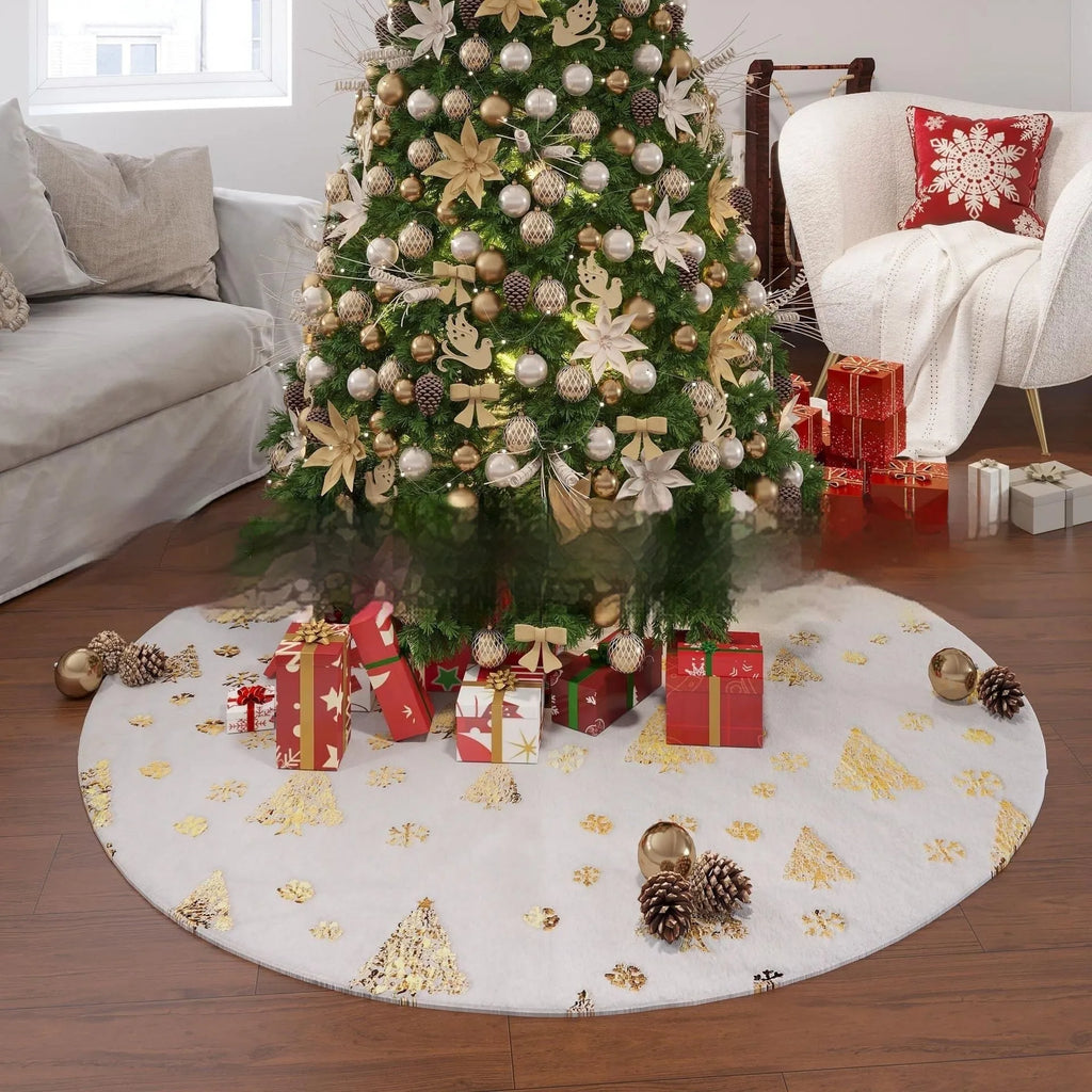 Plush Christmas tree shaped floor mat in red and green, shown in a festive living room setting.