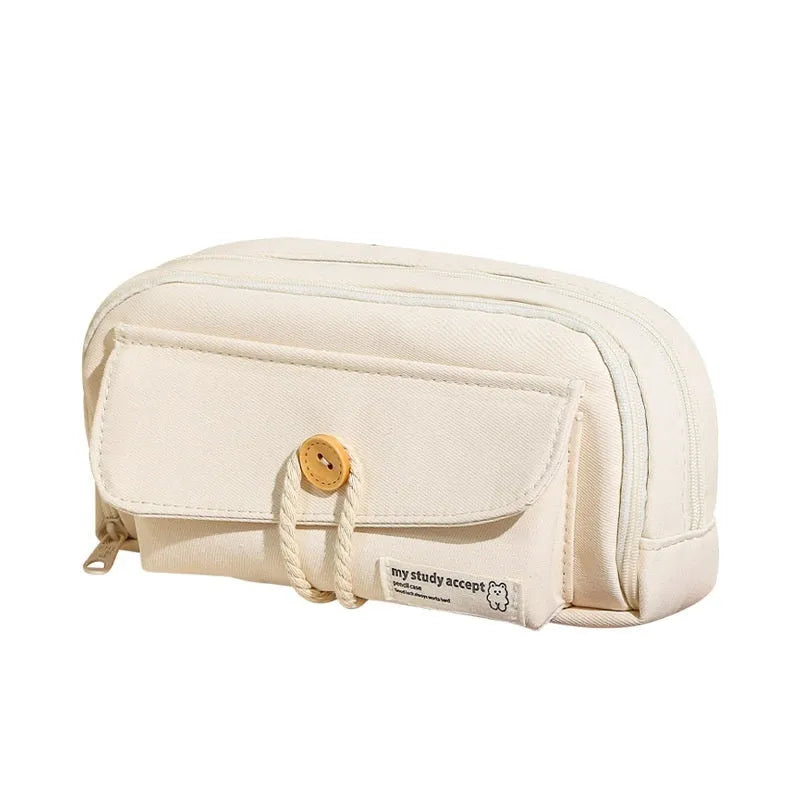Korean-style canvas pencil case in green with capacity for approximately 80 pens