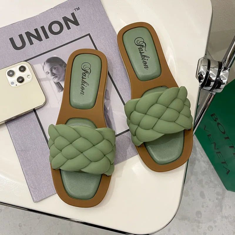 Women's plaid pattern PVC beach sandals with a thick non-slip sole in black, green, orange, or white.