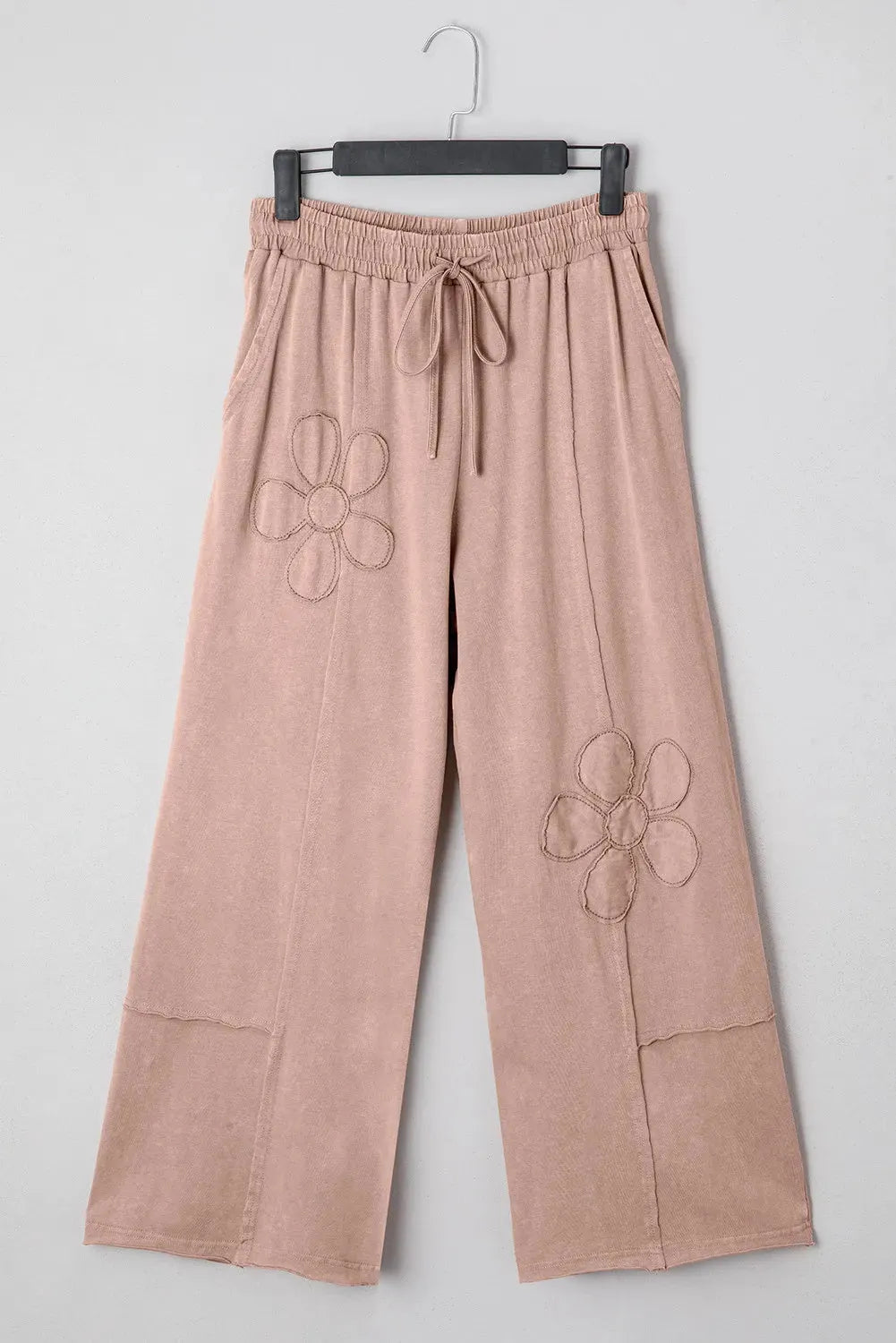 Buckskin 100% cotton terry knit cropped wide leg pants with flower patch detail, sizes S to 2XL