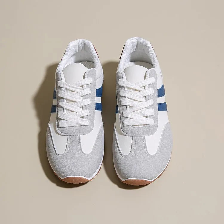 Blue and grey Cortez stripe casual sports shoes with flat heel and round toe.