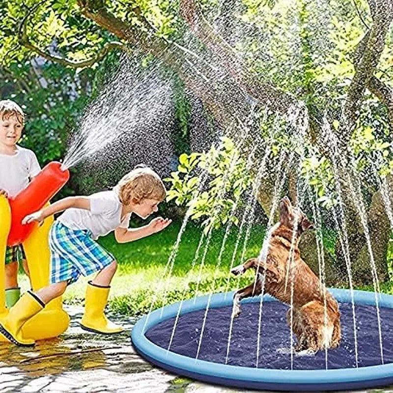 Anti-slip dog splash pad and swimming mat outdoor toy in a garden setting.