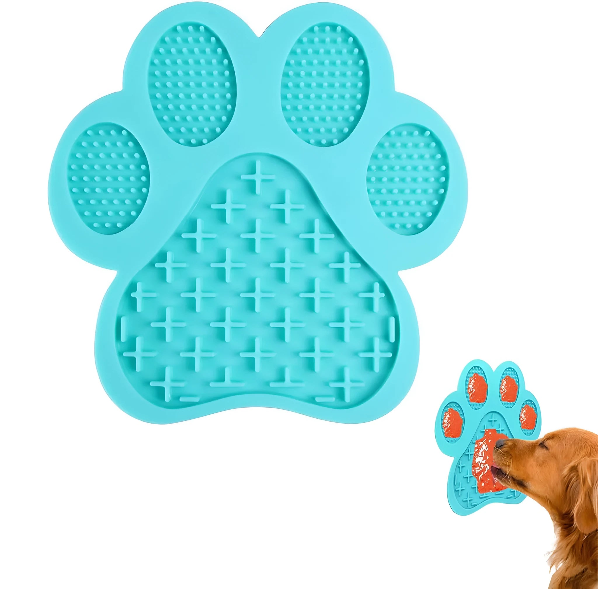 Blue silicone dog licking mat with bone texture and suction cups on a white tile background.