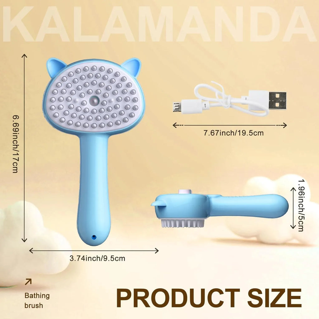 Blue 4-in-1 cat steam brush with ergonomic handle and release button for pet grooming