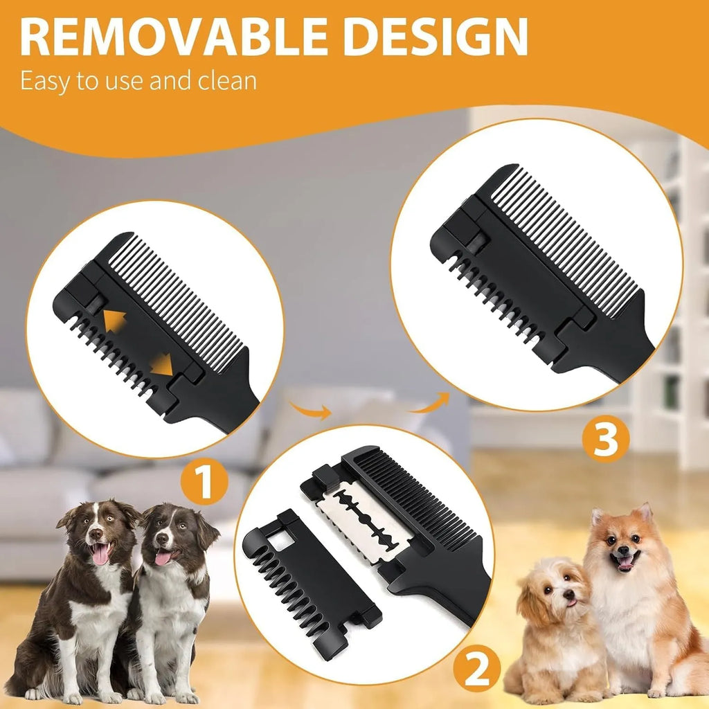Pet razor comb with detangling teeth and replaceable blade for dog and cat grooming
