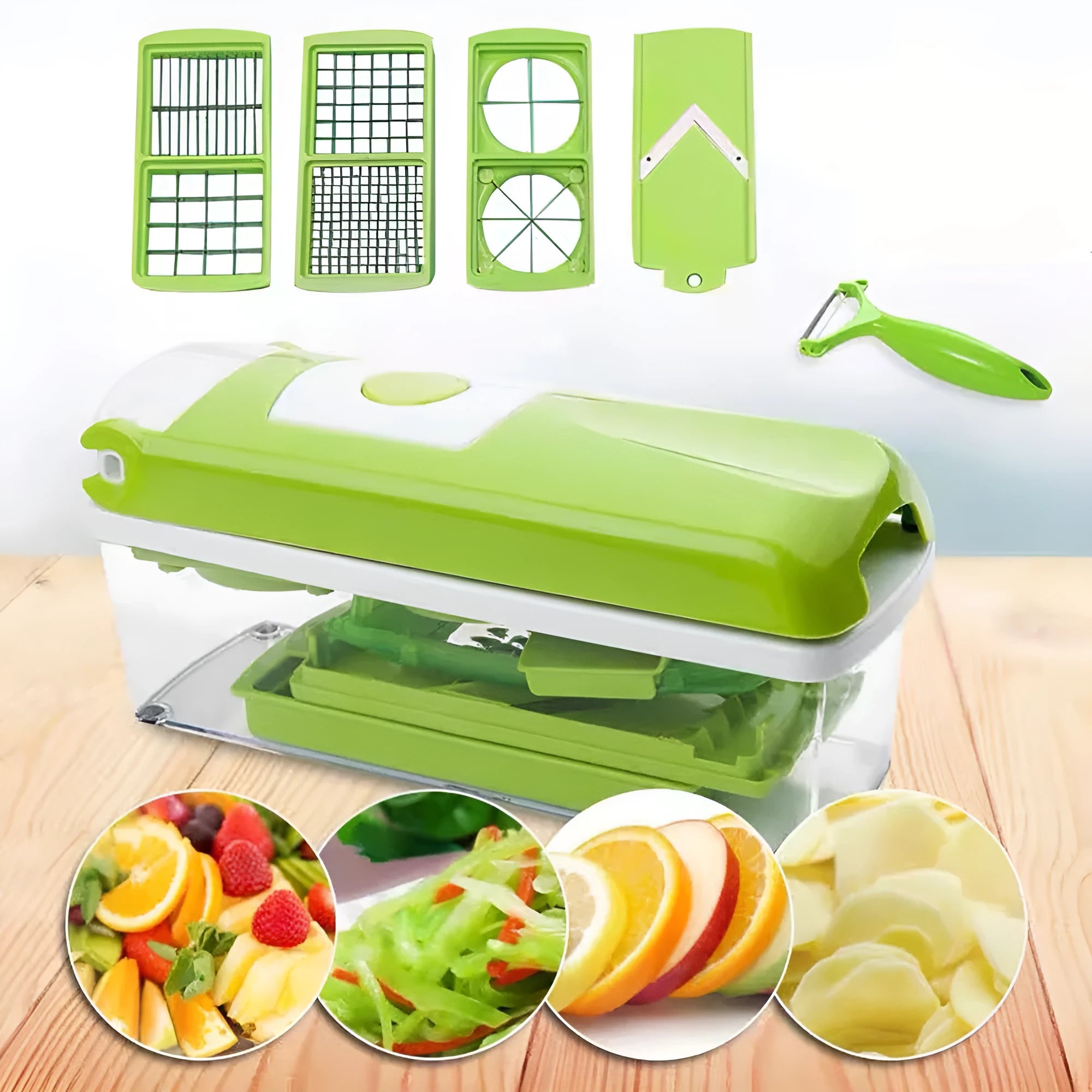 12-piece green manual vegetable chopper set with stainless steel blades on kitchen counter