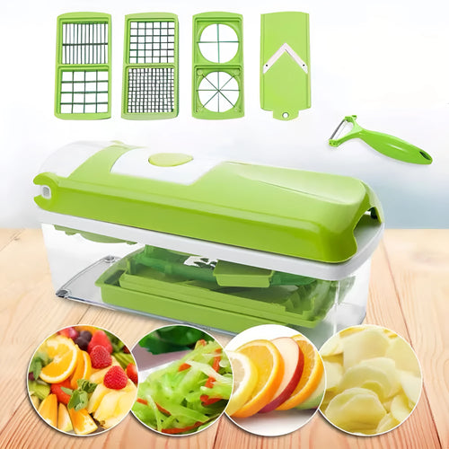 12-piece green manual vegetable chopper set with stainless steel blades on kitchen counter