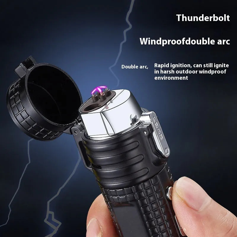TH727 multifunction metal flashlight lighter in camouflage colour showing torch, lighter, and bottle opener.