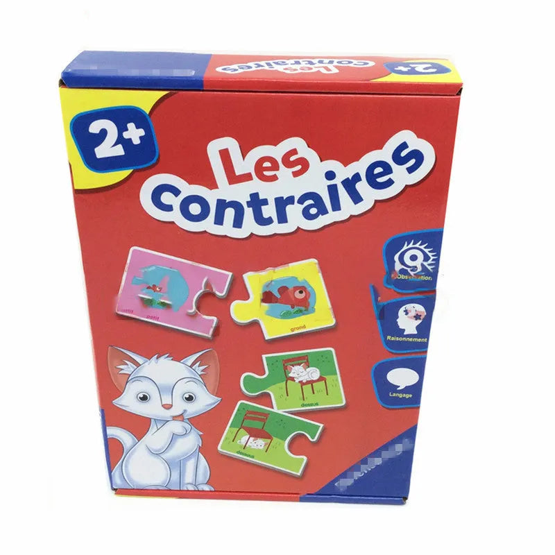 French children's puzzle toy with colourful picture and word matching cards on a table.