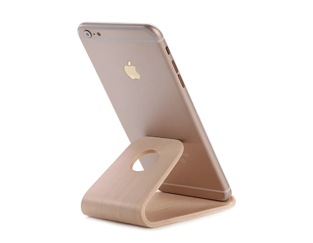 Wooden iPhone charging stand in walnut or white maple finish with cable management