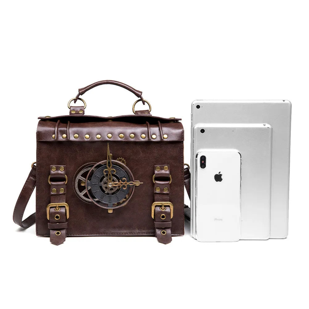 Bronze steampunk pillow shoulder bag with metal hardware on a textured PU leather surface.